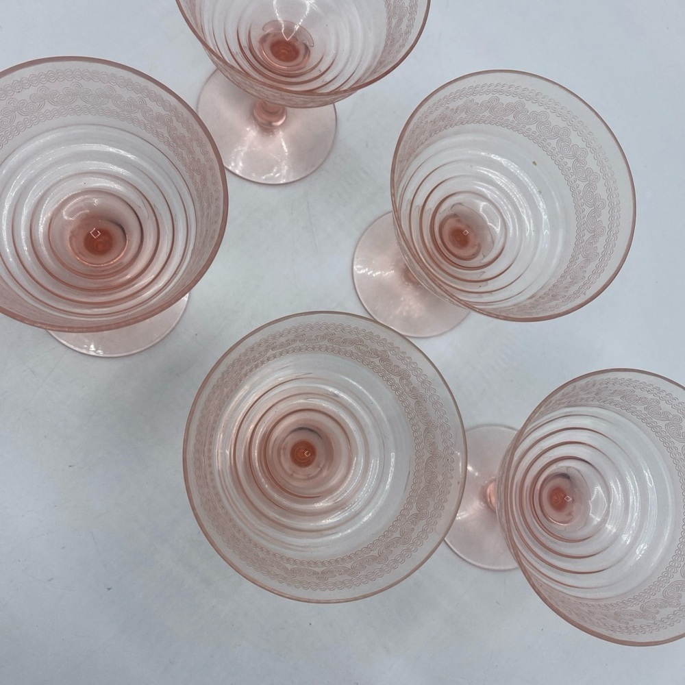 Pink Depression Paneled Champagne Sherbet Glasses Vintage Etched 4.75” Set Of 5 - Picture 5 of 5